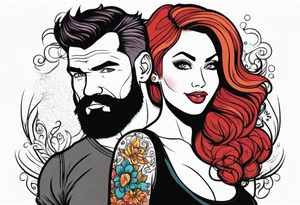 Busty Red haired woman with black haired bearded man tattoo idea