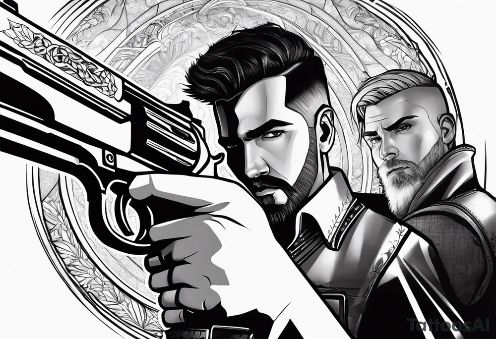 In the reflection of a eye two people holding guns one man dead on the ground with a wounded woman standing behind him tattoo idea