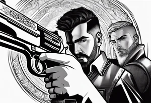 In the reflection of a eye two people holding guns one man dead on the ground with a wounded woman standing behind him tattoo idea
