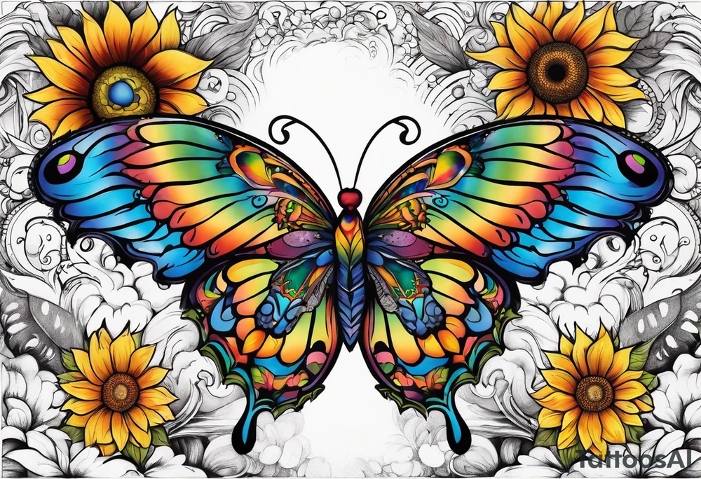 arm sleeve with winged cross, rainbow sunflowers and butterflies tattoo idea
