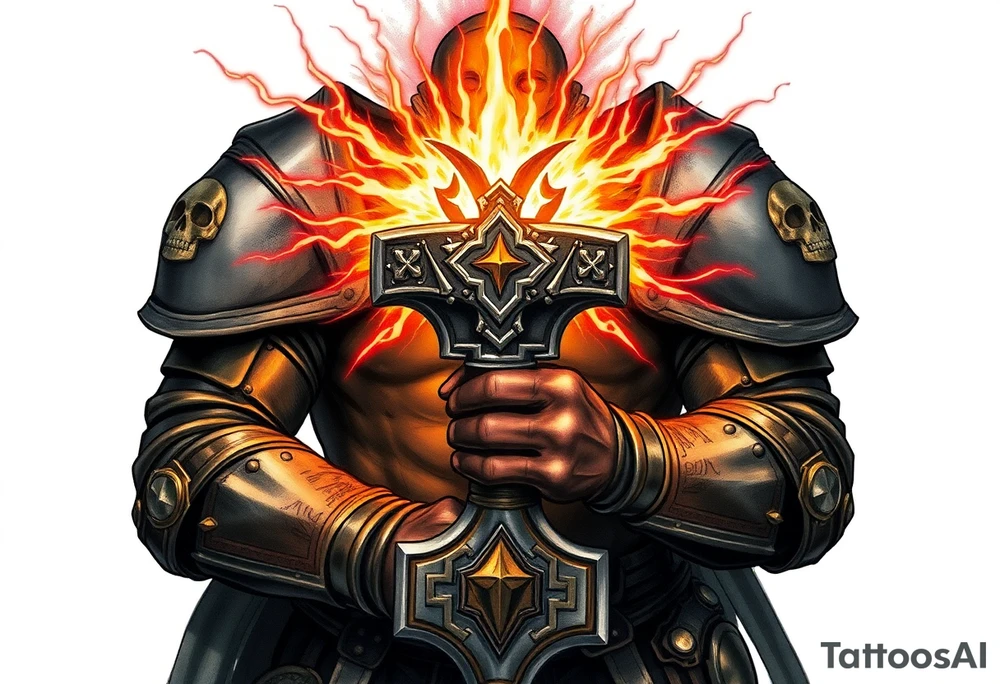 Warhammer, the Old World. A warrior priest of Sigmar holding The Warhammer of Sigmar. The Warhammer of Sigmar is radiating thunderous energy. The Warhammer is held by the warrior priest with both hands at the handle with a firm grip inorder to contain its unlimited energy, upon his chest level. The Warrior priest is wearing dark alloyed heavy armour (reference armor from warhammer vermintide 2 Victor Saltzpyres, the warrior priest of Sigmar class) with skull sigils on his shoulder pads. The warrior priest is wearing a helmet, while the helmets front visor has an humanoid face covering. The helmet and armour are gladened with hints of gold and crimson red. The Warhammer is silverish and golden with a long handle tattoo idea