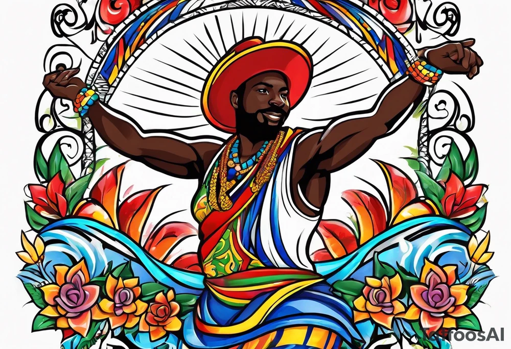 create a haitian glag theme tattoo that embodies salsa dancing, christian faith, and public speaking tattoo idea