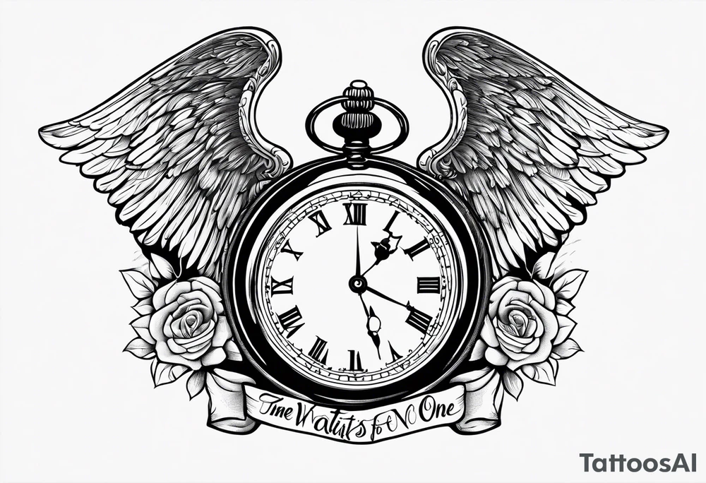 Angels and a old time pocket watch with the saying "Time waits for no one..." tattoo idea
