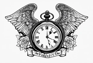 Angels and a old time pocket watch with the saying "Time waits for no one..." tattoo idea