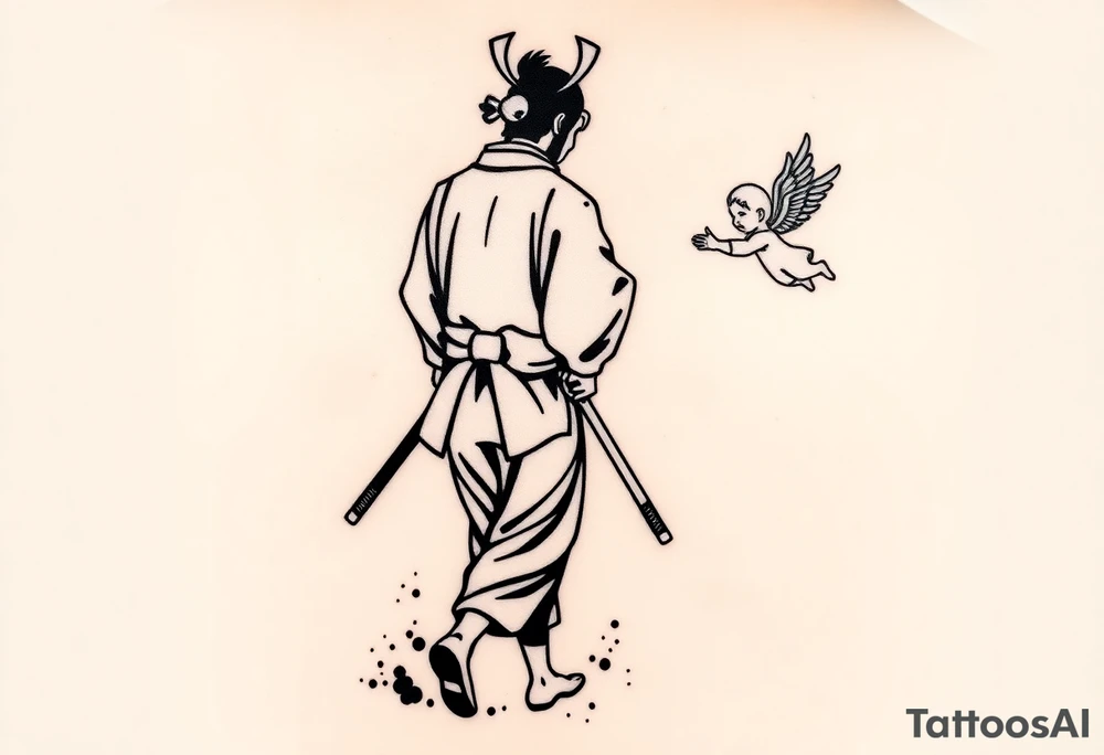 Blackwork tattoo illustration of a samurai walking forward, seen from behind. The samurai wears a traditional kimono and hakama, holding two long katanas in a relaxed but ready pose. To his right, a small child angel with detailed feathered wings floats in the air, gently reaching toward him with an outstretched hand. Strong contrast, dynamic ink splatters, sumi-e brush stroke effects, minimalist white background, dramatic lighting, emotional and symbolic composition, high-detail linework tattoo idea