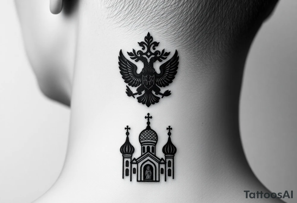 Stacked Vertical Column 

Russian star — small, bold
Middle: Miniature double-headed eagle — simplified, cleaner lines to suit the smaller space
Bottom: Orthodox church dome(s) with a small Virgin Mary silhouette beneath tattoo idea