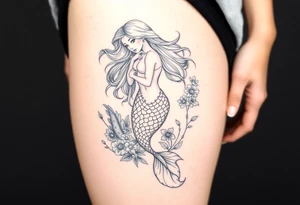 ethereal mermaid with flowing hair among coral and sea flowers tattoo idea