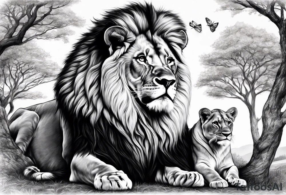 in front a tree in back ground a lion and is family tattoo idea
