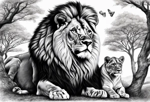 in front a tree in back ground a lion and is family tattoo idea
