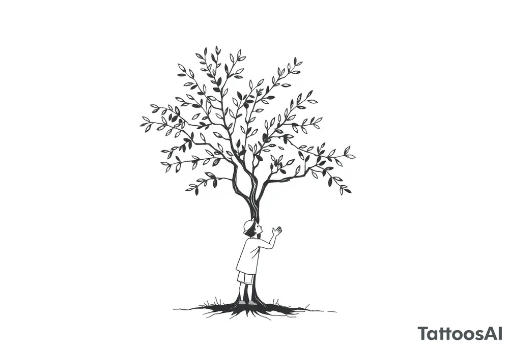 An olive tree with a child and his parents picking iy tattoo idea