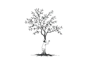 An olive tree with a child and his parents picking iy tattoo idea