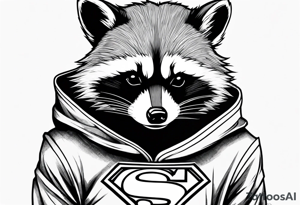 raccoon wearing a Superman hoodie tattoo idea