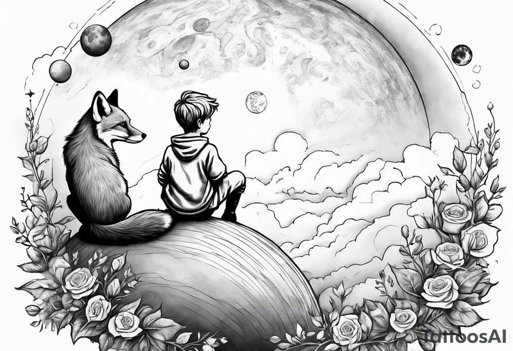 The Little prince sitting on his planet toghether with the fox on his planet besides his rose. Both are watching into the sky tattoo idea