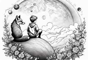The Little prince sitting on his planet toghether with the fox on his planet besides his rose. Both are watching into the sky tattoo idea