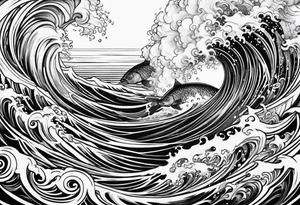 Blues and blacks, waves fish, struggle, determination tattoo idea