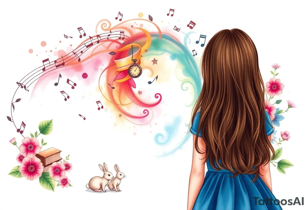Back view of the silhouette of a brown hair girl in a blue dress. She is following a small white rabbit towards a magical colorful swirl of music notes, books, and flowers. A pocket watch is at the end of the swirl. tattoo idea
