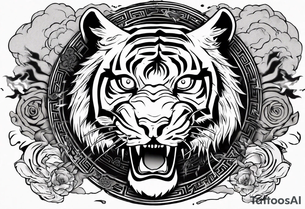 Ancient tiger with lightning and a sun for a forearm sleeve. With patterns surrounding it tattoo idea