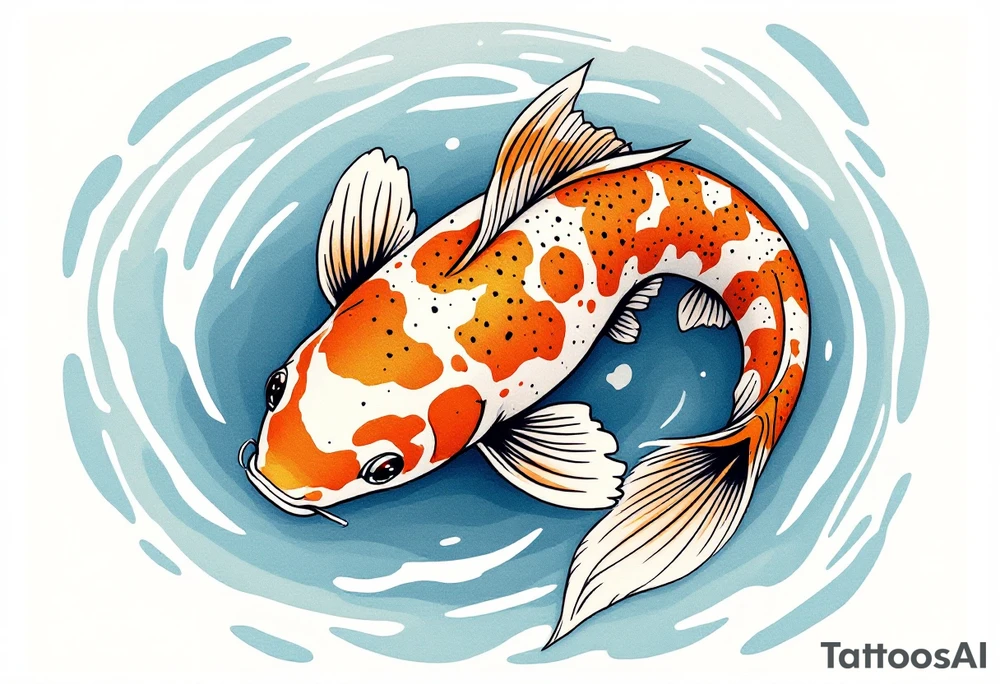 Speckled Orange Koi with Ripples – A playful koi with mottled orange and white patterns, creating soft ripples in a calm blue pond. tattoo idea