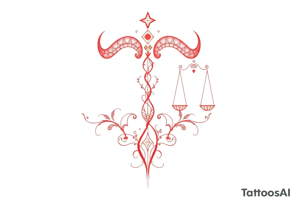 Tattoo that combines the star sign Taurus and Libra ,in red , down the spine tattoo idea