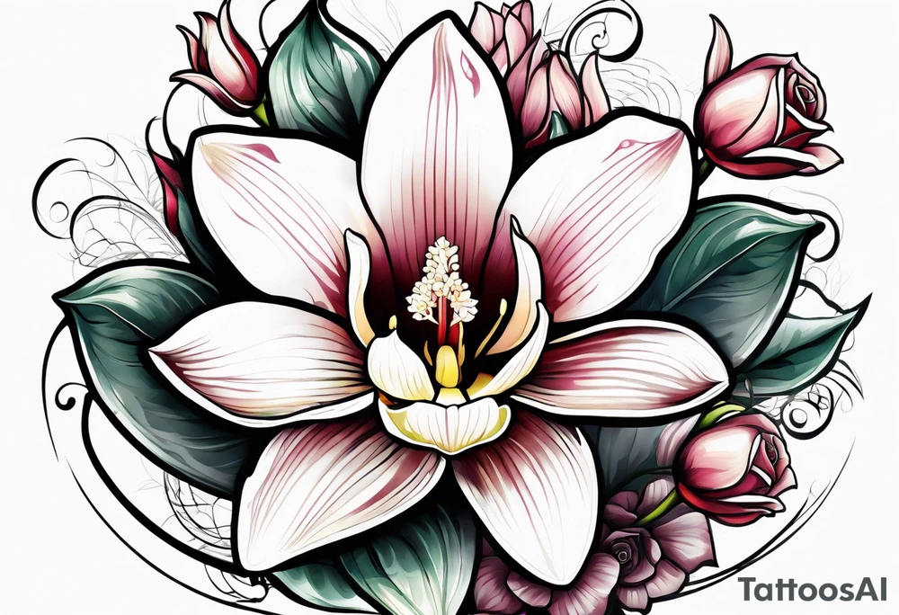 One Cymbidium orchid in the middle with a rose on each side tattoo idea