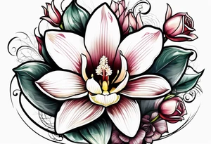 One Cymbidium orchid in the middle with a rose on each side tattoo idea