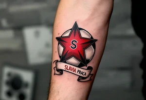 A bold black and red soccer ball wrapped in the iconic Slavia Praha star and banner. tattoo idea