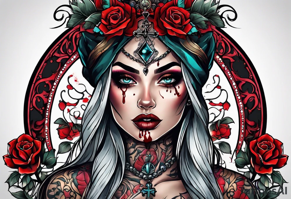 Bright bold Neo traditional tattoo woman with skulls and blood. Crosses for eyes tattoo idea