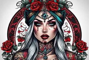 Bright bold Neo traditional tattoo woman with skulls and blood. Crosses for eyes tattoo idea