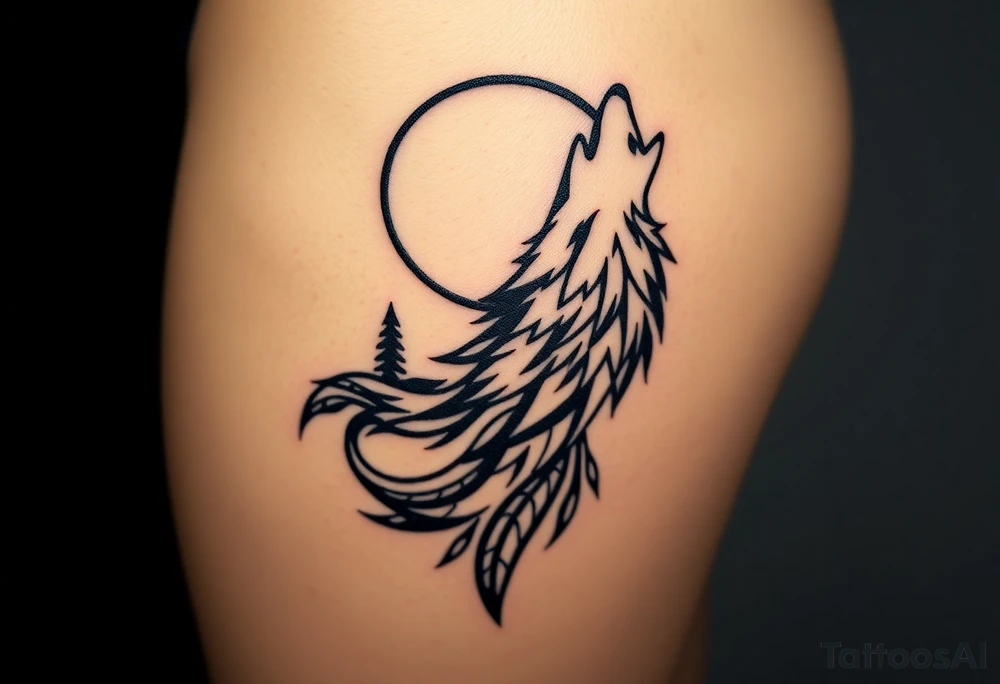 lone wolf howling at full moon with northern lights backdrop tattoo idea