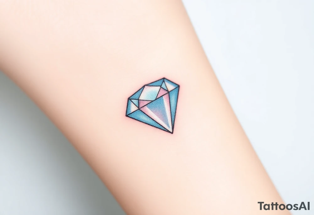 A small, geometric diamond outline with thin black lines, filled with soft gradients of light blue and pale pink, giving the illusion of sparkle and depth. The design is crisp and clean, symbolizing timeless elegance and strength. The colors should be subtle, with the diamond glowing softly in a minimalist style. tattoo idea