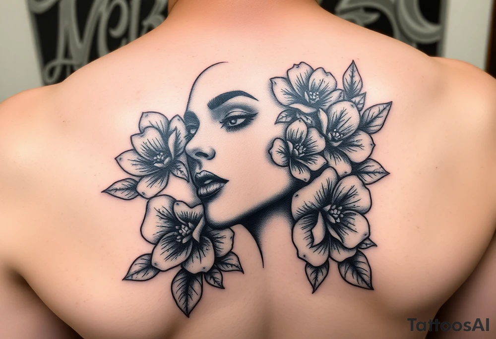 A detailed woman's face blended with roses, lilies, or cherry blossoms. tattoo idea