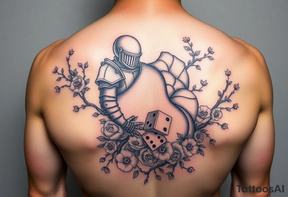 knight and squid intertwined with climbing roses and tree roots with cherry blossoms rolling dice tattoo idea