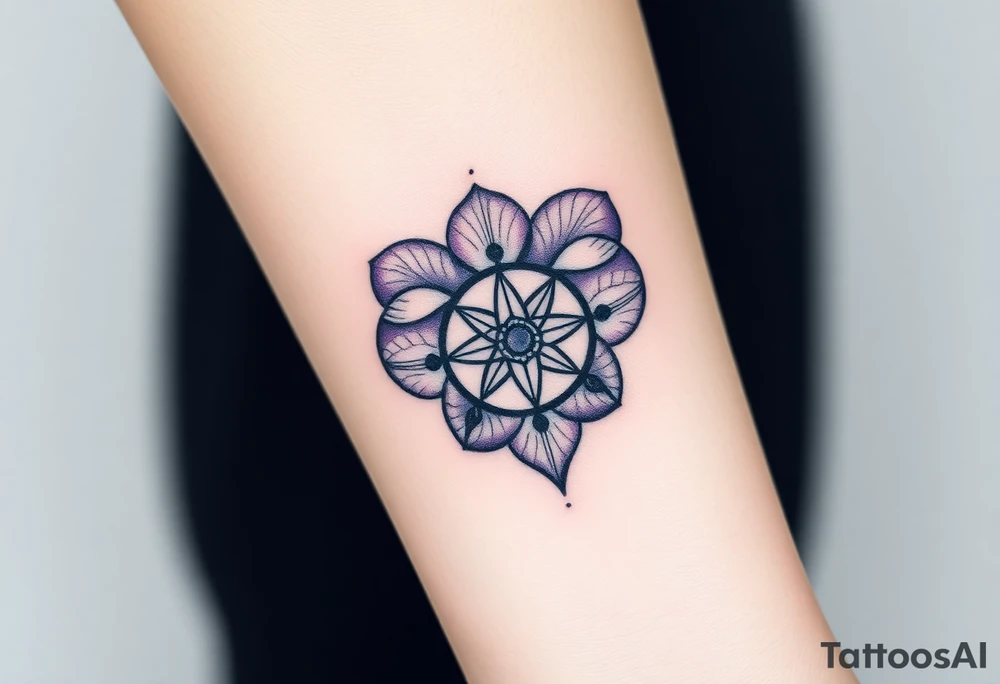A single Violet with detailed compass at its center representing feminine power and an ankh or Celtic knot tattoo idea