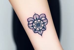 A single Violet with detailed compass at its center representing feminine power and an ankh or Celtic knot tattoo idea