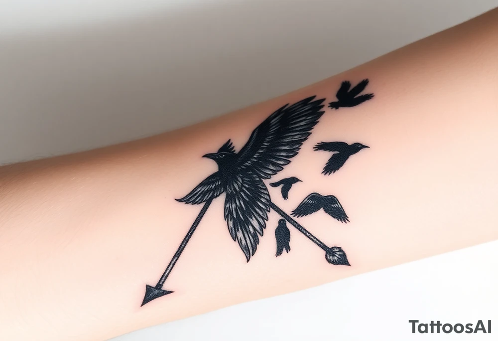 bow and arrow made from raven feathers with a flock of ravens flying out from it in a shadowy way, dark realism tattoo idea