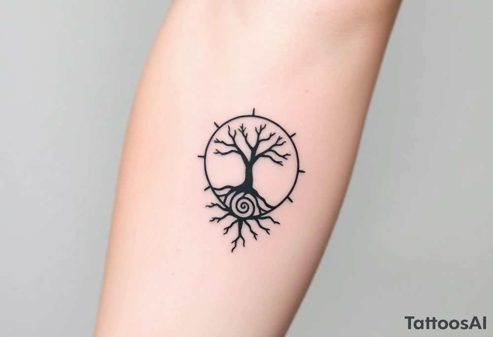 Tree inside of sun, spiral circle line moving roots to the right tattoo idea