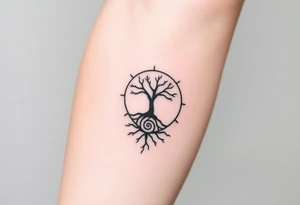 Tree inside of sun, spiral circle line moving roots to the right tattoo idea