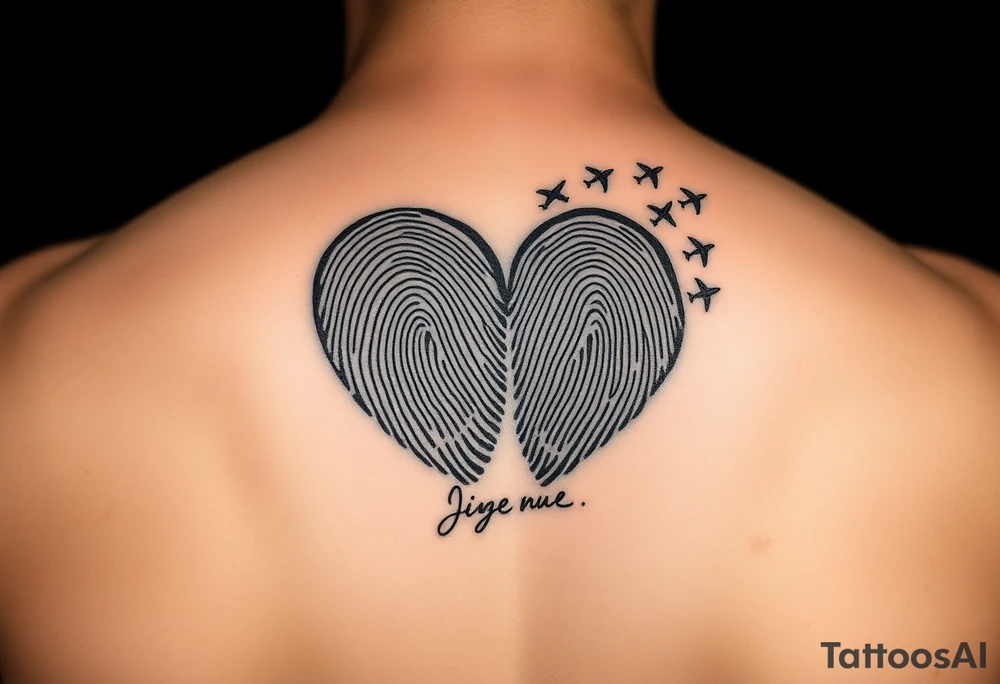 Two fingerprints merged into a heart shape, with the top right edge breaking away into small planes flying into the sky.

Place a signature Beneath the heart in the loved one’s handwriting. tattoo idea