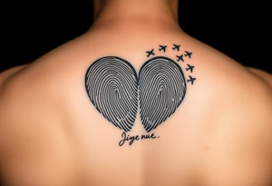 Two fingerprints merged into a heart shape, with the top right edge breaking away into small planes flying into the sky.

Place a signature Beneath the heart in the loved one’s handwriting. tattoo idea