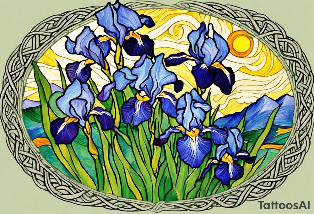 Create a small, thick, colorful Vincent van Gogh Irises tattoo, with vines in Celtic knots gracefully intertwining at mountains need to be present. The intended placement is on the upper chest. The overall design should be small in size while maintaining a delicate and artistic aesthetic. Pay attention to the graceful flow of the vines and the placement of the irises to achieve a refined and elegant look. tattoo idea