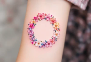 A circle made of tiny colorful flowers in pink, white, and yellow, symbolizing the cycle of life. tattoo idea