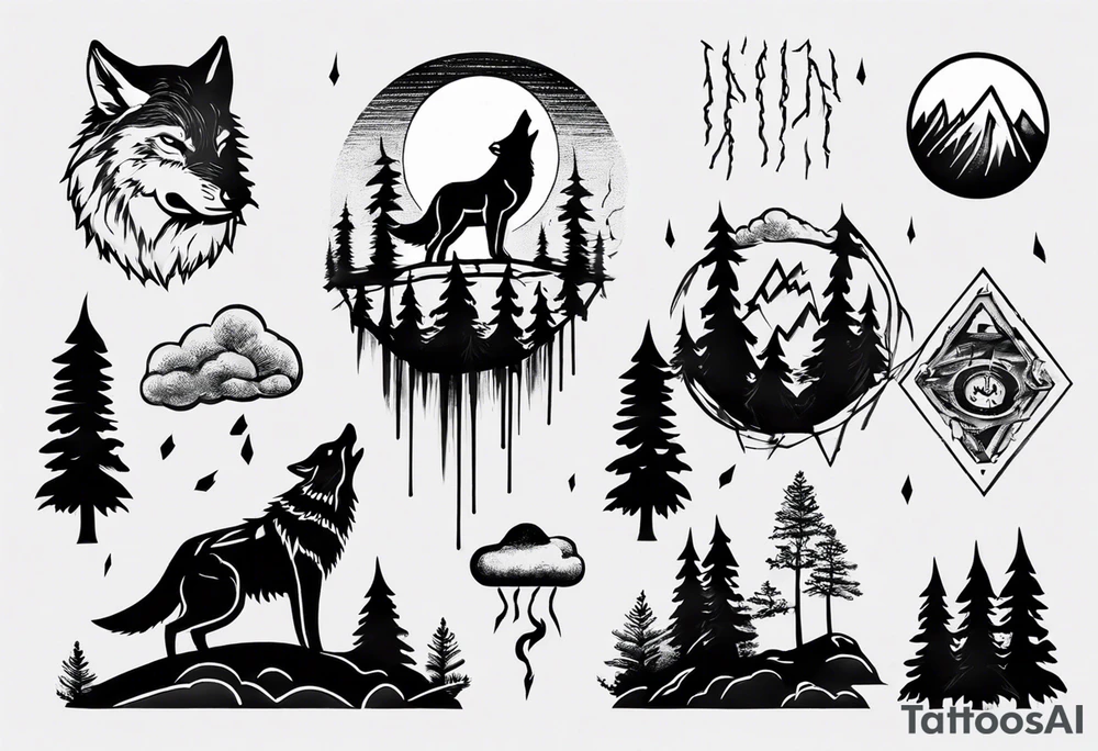 thunderstorm over a forest with a wolf howling on drums tattoo idea