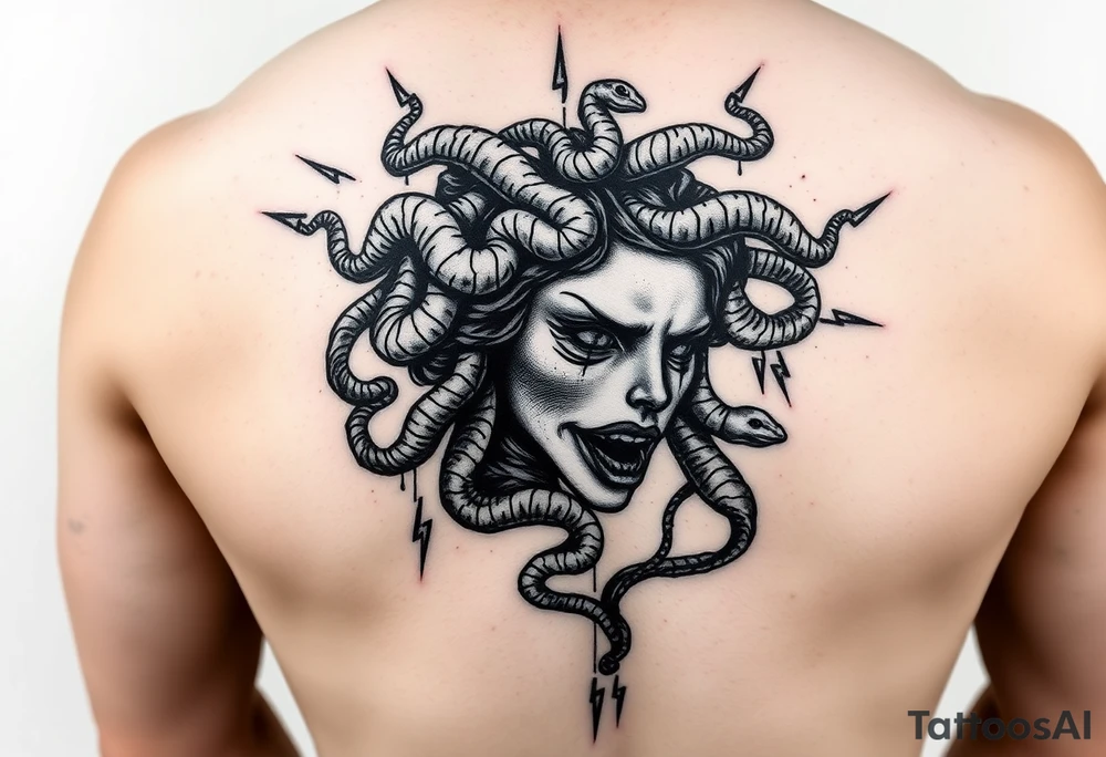 female Medusa Head containing snakes and surrounded by lightnings in sketch style, black color and on the outer forearm tattoo idea