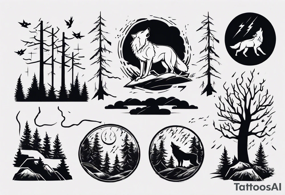 a thunder and lightning storm over a forest with a distant wolf howling and a drums tattoo idea