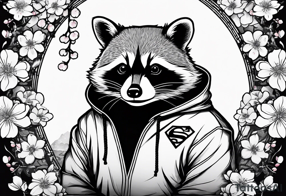 Raccoon wearing a Superman hoodie and Japanese cherry blossoms tattoo idea