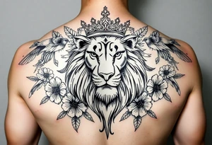 powerful majestic lion with a crown, surrounded by floral ornaments and birds tattoo idea