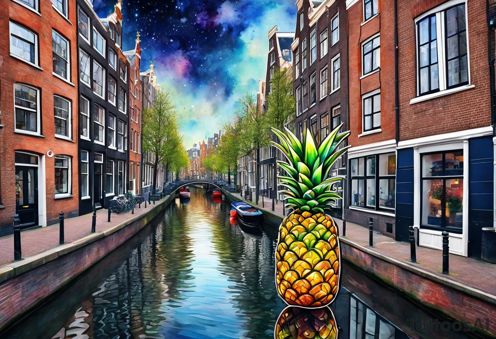 watercolour tattoo, stag in shape of pineapple, Amsterdam, Amsterdam buildings, Amsterdam canal, space colours, galaxy colours, pineapples tattoo idea