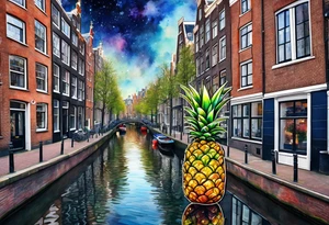 watercolour tattoo, stag in shape of pineapple, Amsterdam, Amsterdam buildings, Amsterdam canal, space colours, galaxy colours, pineapples tattoo idea