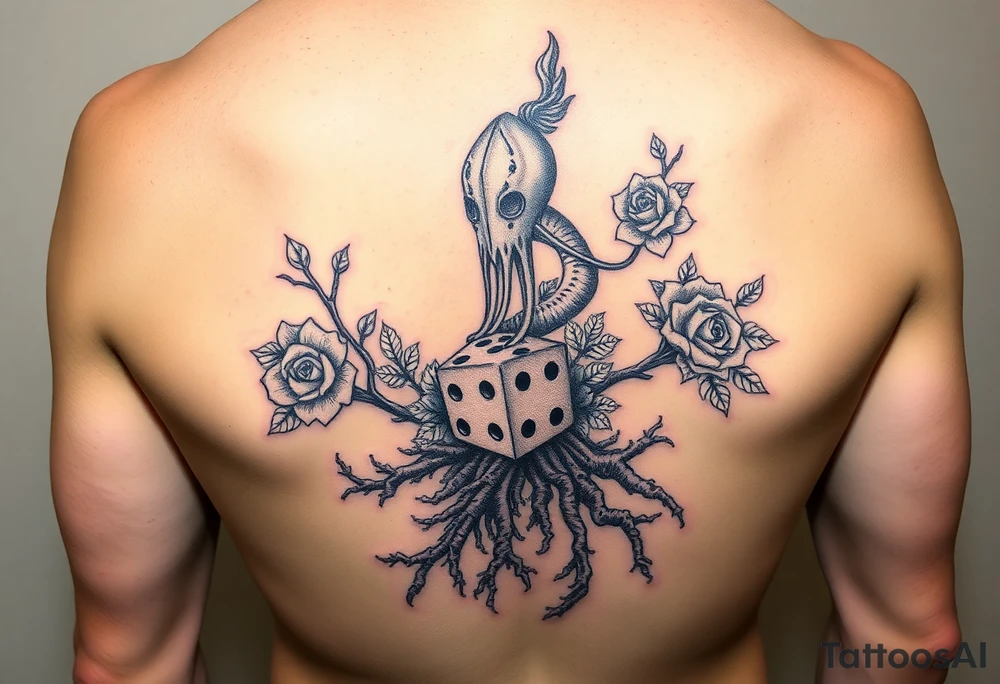squid, knight intertwined with roses and tree roots rolling dice tattoo idea