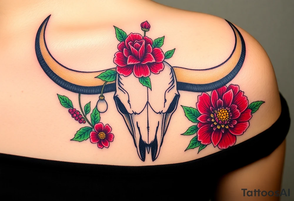 Buffalo or bison skull with flowers. Snow drop and red peony. Green holly with red berries, purple larkspur, red peony.  Colour. For upper arm or shoulder. tattoo idea